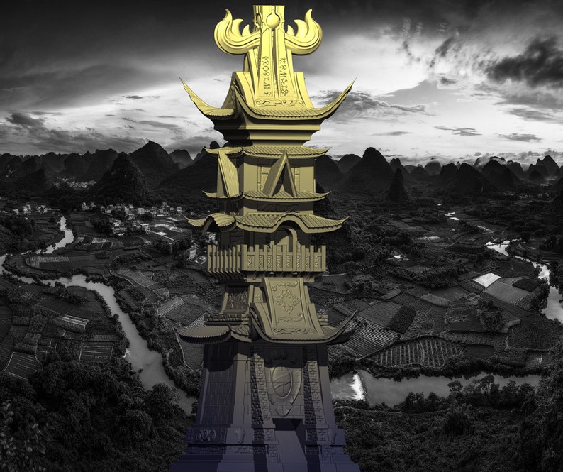 May include: A gold pagoda-style tower with intricate details and Chinese characters, set against a black and white background of a mountainous landscape.