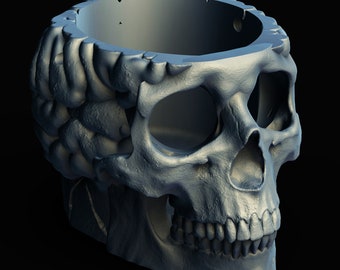 May include: A silver skull-shaped planter with a detailed brain design around the top rim. The planter is made of a smooth, metallic material and has a hollow interior.