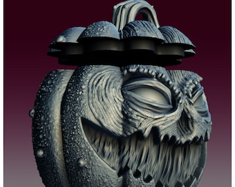 May include: A detailed, 3D-printed, silver-colored pumpkin with a menacing, toothy grin and textured surface. The pumpkin has a lid with a decorative design.