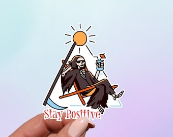 Stay Positive Skeleton Sticker: Beach Grim Reaper Vinyl Decal