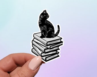 Cat on Books Sticker: Waterproof Vinyl Laptop Decal
