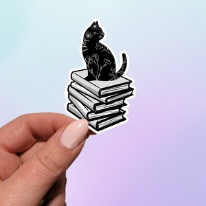 Cat Sitting On Books Sticker | Book Lover Sticker | Laptop Sticker | Notebook Sticker | Reader Sticker | Kindle Nook Sticker | Cat Lover