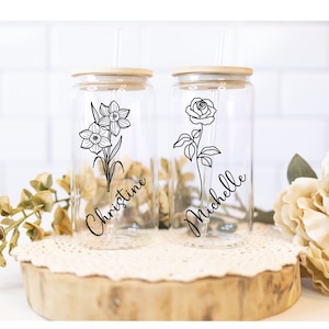 Personalized Ice Coffee Cup With Flower | Custom Beer Can Glass with Lid and Straw | Bridesmaid Gift | 16oz Glass Cup with Wood Lid & Straw