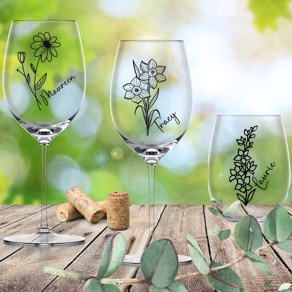 Verre à vin fleur de naissance | Verre à vin personnalisé | Verre à fleurs | Verre à vin personnalisé | Fleur du mois de naissance | Verre sans tige | Verre à pied