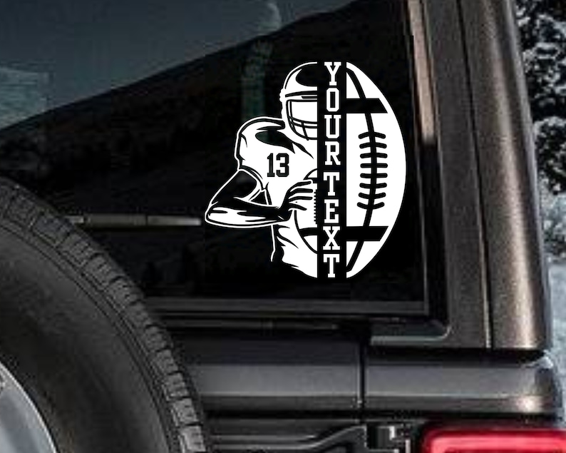 May include: A white vinyl decal of a football player and football. The player is wearing a helmet and holding a football. The text "YOUR TEXT" is on the decal.