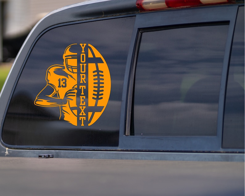 May include: Orange vinyl decal of a football player holding a football with the text "YOUR TEXT" on a car window.