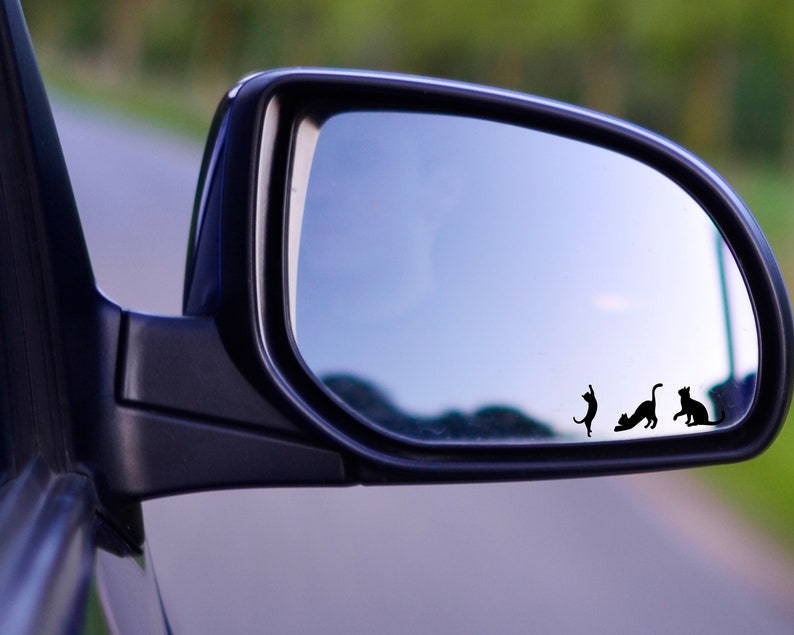 Puede incluir: Un espejo retrovisor con tres siluetas de gatos negros reflejadas en el vidrio. Los gatos est&aacute;n en diferentes poses, uno est&aacute; saltando, otro est&aacute; sentado y otro est&aacute; caminando.