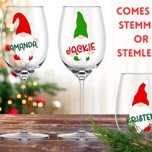 Personalized Wine Glass | Christmas Wine Glass | Gnome Wine Glass | Personalized Gnome Glass | Christmas Gift | Gnome | Stemless Glass |