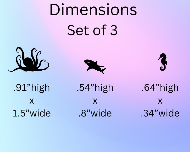 May include: Set of three black silhouette wall decals featuring an octopus, shark, and seahorse. The octopus is 0.91 inches high by 1.5 inches wide, the shark is 0.54 inches high by 0.8 inches wide, and the seahorse is 0.64 inches high by 0.34 inches wide.