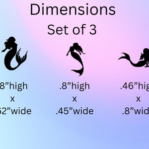 May include: Set of three black mermaid silhouette decals. The largest decal is 0.8 inches high by 0.62 inches wide. The medium decal is 0.8 inches high by 0.45 inches wide. The smallest decal is 0.46 inches high by 0.8 inches wide.