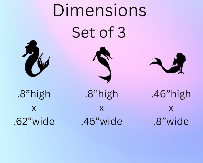 May include: Set of three black mermaid silhouette decals. The largest decal is 0.8 inches high by 0.62 inches wide. The medium decal is 0.8 inches high by 0.45 inches wide. The smallest decal is 0.46 inches high by 0.8 inches wide.