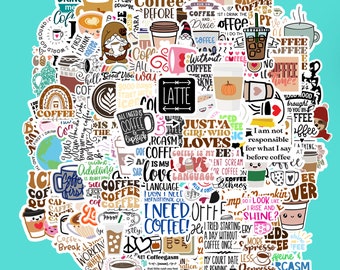 May include: A collection of colorful stickers with coffee-themed illustrations and text. The stickers feature phrases like "I need coffee", "Coffee is my love language", and "Just a girl who loves coffee".
