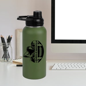 May include: Green stainless steel water bottle with a black lid and a black graphic of a football player and football. The graphic includes the text "YOUR TEXT".