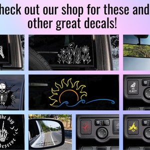 May include: A collage of images showcasing various car decals. The decals feature a variety of designs, including a skeleton, a sun and waves, a hand making a heart shape, a hand making a peace sign, and a banana. The decals are all white and are displayed on a black background.