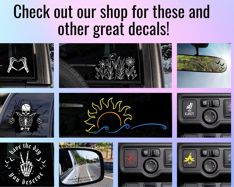 May include: A collage of images showcasing various car decals. The decals feature a variety of designs, including a skeleton, a sun and waves, a hand making a heart shape, a hand making a peace sign, and a banana. The decals are all white and are displayed on a black background.