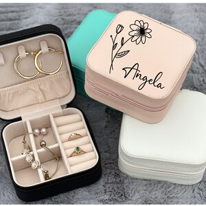 Portagioie da viaggio personalizzato / Portagioie personalizzato / Regalo per la festa della mamma / Fiore del mese di nascita / Regalo di laurea / Regalo da damigella d'onore personalizzato