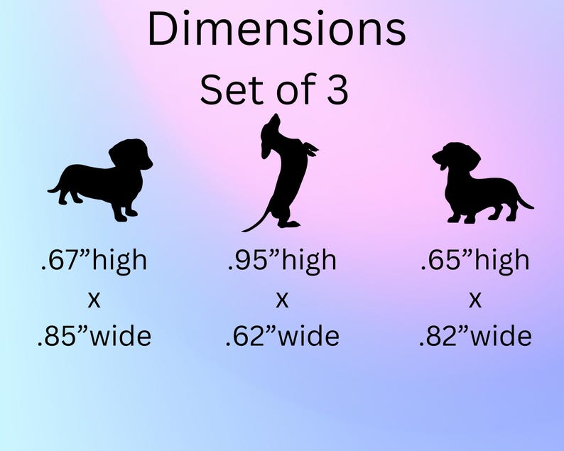 May include: Set of three black dachshund silhouette vinyl decals. The decals are approximately 0.67 inches high by 0.85 inches wide, 0.95 inches high by 0.62 inches wide, and 0.65 inches high by 0.82 inches wide.