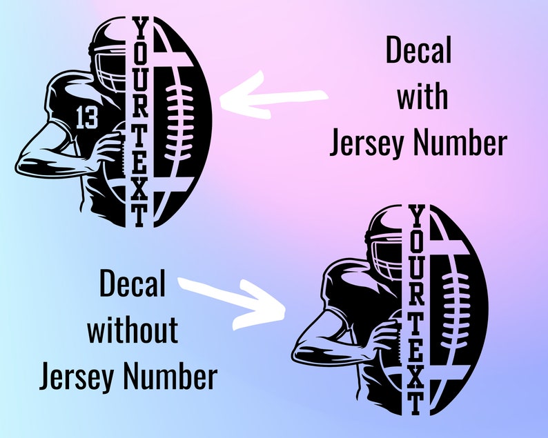 May include: Black and white decal of a football player holding a football with the text "YOUR TEXT" on the side. The decal is available with or without a jersey number.