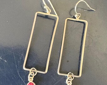 Geometric Silver Rectangle Earrings with Ruby Red Gemstone – Modern Minimalist Dangle Jewelry