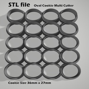 May include: STL file for an oval cookie cutter. The cutter is designed to create cookies that are 36mm x 27mm. The image shows a sheet of 25 cookie cutters.