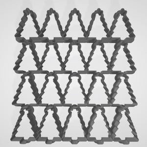 May include: A gray plastic cookie cutter with 20 individual Christmas tree shapes. The cutter is designed to create multiple cookies at once.