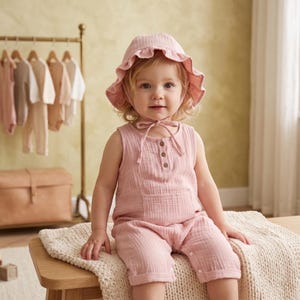 Muslin Baby Romper and Hat Set: Cotton Linen Summer Outfit baby christmas gift
