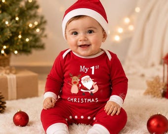 Conjunto de pelele navideño para bebé: Mi primer mono navideño para bebé con gorro.