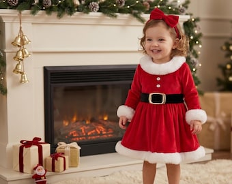 Kleinkind-Weihnachts-Samtkleid für Mädchen mit Stirnband - Rotes Rüschen-Party-Outfit