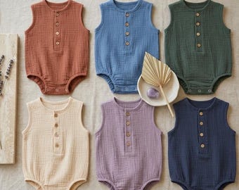 Minimalistische katoenen linnen unisex babyromper - effen kleur korte mouw zomerjumpsuit cadeau