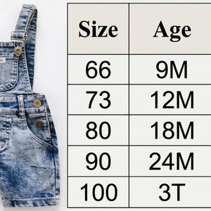 May include: Blue denim baby overalls with adjustable straps and button closures. The overalls have a front pocket and a size chart with age and height (cm) information.
