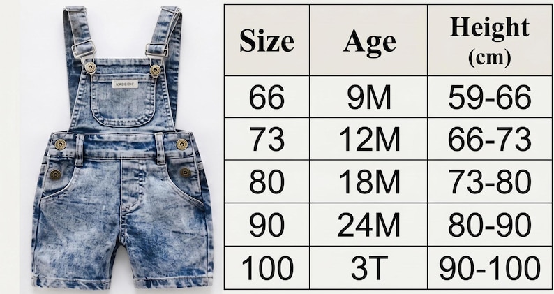 May include: Blue denim baby overalls with adjustable straps and button closures. The overalls have a front pocket and a size chart with age and height (cm) information.