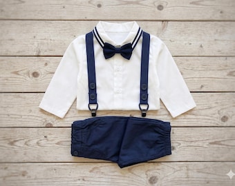 Conjunto de traje de caballero para bebé niño, camisa blanca, pajarita azul marino y tirantes, traje formal.