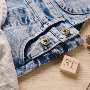 May include: Close-up of a light blue denim garment with brass-colored buttons that read "JEANS". A wooden block with the number "3T" is also visible. The denim has a faded, textured appearance.