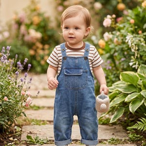 May include: A toddler wearing a denim blue overall and a brown and white striped t-shirt stands in a garden. The child holds a small, beige watering can. The background features a variety of flowers and greenery.
