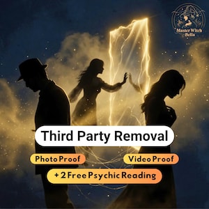Könnte beinhalten: Künstlerische digitale Illustration mit dem Text "Third Party Removal". Das Bild zeigt Silhouetten und ein leuchtendes Portal. Zusätzlicher Text enthält "Photo Proof", "Video Proof" und "+ 2 Free Psychic Reading."