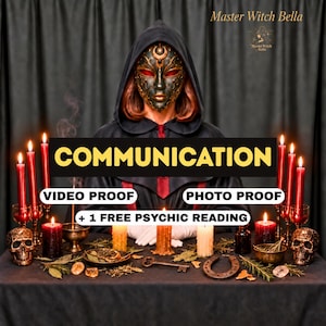 Puede incluir: Una figura con capa negra con capucha y una máscara dorada y negra ornamentada con ojos rojos brillantes sentada tras una mesa. La mesa tiene velas rojas, dos calaveras, una llave de metal, una herradura y hierbas. Texto: Master Witch Bella, COMMUNICATION, VIDEO PROOF, PHOTO PROOF, + 1 FREE PSYCHIC READING.