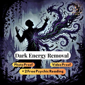 Może przedstawiać: Cyfrowa ilustracja przedstawiająca usuwanie ciemnej energii. Sylwetka otoczona jest ciemną, wirującą energią z zielonymi akcentami. Tekst: "Dark Energy Removal", "Photo Proof", "Video Proof" i "+2 Free Psychic Reading."
