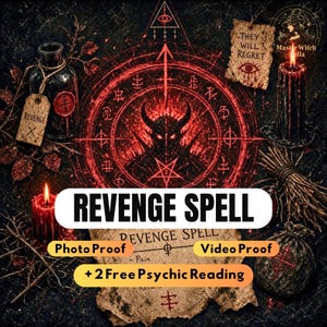 Könnte beinhalten: Eine dunkle Komposition mit einem rot leuchtenden Siegel mit einer gehörnten Figur, schwarzen Kerzen, einer mit Revenge beschrifteten Glasflasche und Pergamentpapier mit dem Text Revenge Spell, They Will Regret, Photo Proof, Video Proof und 2 Free Psychic Reading.