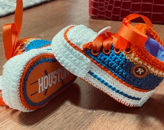 Houston Astro Crochet Baby Booties, Shoes Personalized Newborn Gift, keepsake.