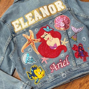 Chaqueta vaquera personalizada de La Sirenita: parches con nombre personalizados (todos los parches cosidos)