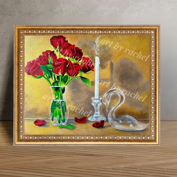 Printable Painting of Roses Still Life | Digital Art Print Download | Romantic Home Decor | Anniversary, Wedding, & Valentine's Day Gift