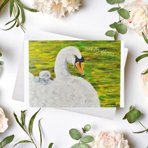 Wenskaarten moederzwaan en baby (10 stuks) | Origineel schilderij van zwaan | Verjaardagskaart voor meisjes, bedankt, warme wensen, alle gelegenheden