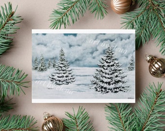 Winter Pine Trees Greeting Cards (10pc) | Winter Scene Painting Card | Snow Scene Card | Card for Nature Lovers | ArtByElenaAndRachel