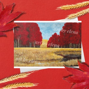 Herbst Landschaft Grußkarte, Rote Bäume Landschaft, Gemälde von Roten Bäumen, All-Occasions Karte, Warme Wunsch Karte