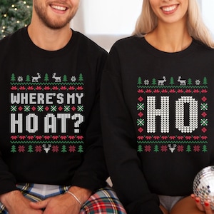 Funny Couple Ugly Christmas Sweater, Where&#39;s My Ho At Ugly Sweater, Ho Sweater Humorous Couples Matching Fun Holiday Apparel Holiday Party
