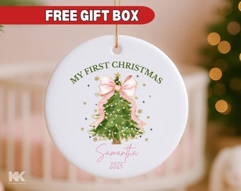 Baby's First Christmas Ornament Newborn Ornament Keepsake My first Christmas New Baby Gift Personalized Ornament for Girl Coquette Xmas Tree