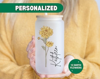Personalized Birth Flower Glass Tumbler, Custom Name Birth Flower Frosted Cup, Mothers Day Gift for Her Birthday Bridesmaid Proposal