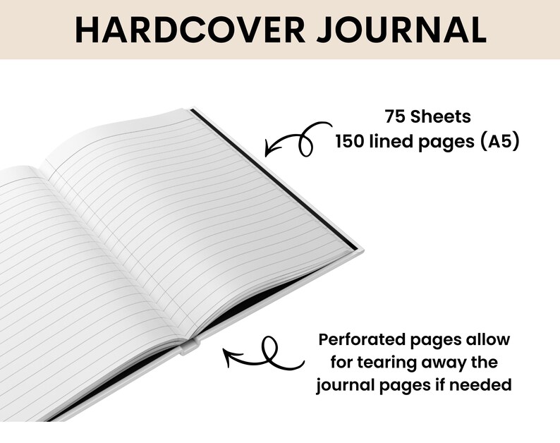 K&ouml;nnte beinhalten: Offenes Hardcover-Journal mit linierten Seiten. Das Journal hat 75 Blatt, also 150 linierte Seiten im A5-Format. Die Seiten sind perforiert, um sie leicht herauszutrennen. Der Text "HARDCOVER JOURNAL" steht oben.