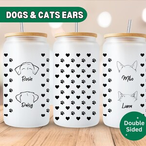 Personalized Dog Ear Glass Cup Two Sides, Custom Pet Name Tumbler, Iced Coffee Cup With Name, Dog Mom, Gifts for Her, Dog Lover, Dog Dad