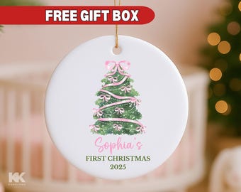 Baby's First Christmas Ornament Newborn Ornament Keepsake My first Christmas New Baby Gift Personalized Ornament for Girl Coquette Xmas Tree